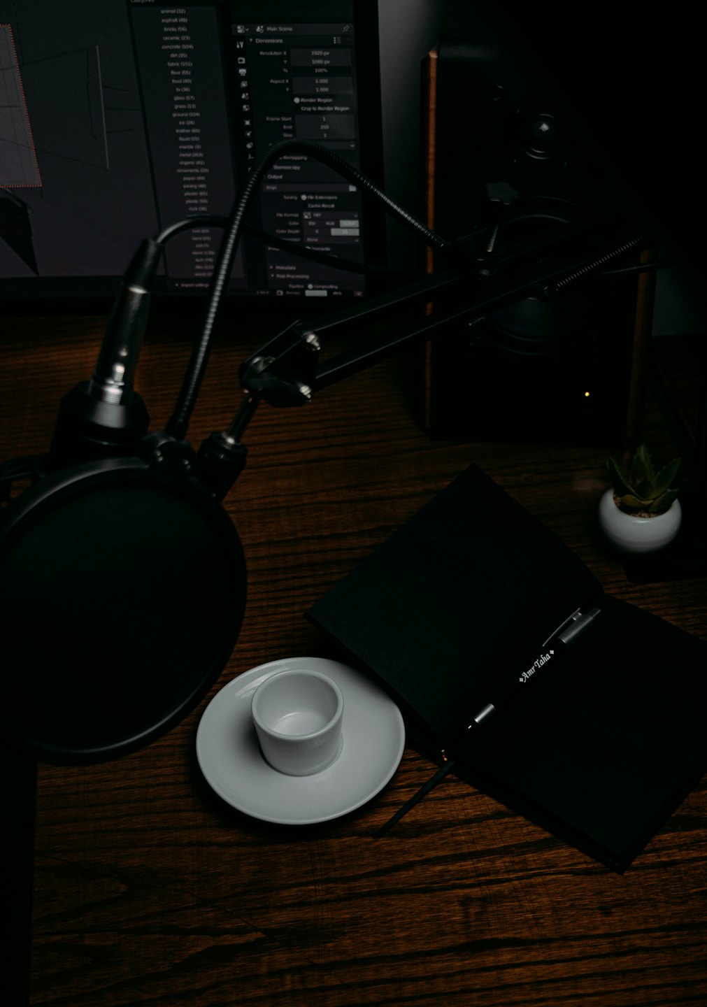 Professional workstation with a microphone and computer monitor for editing.